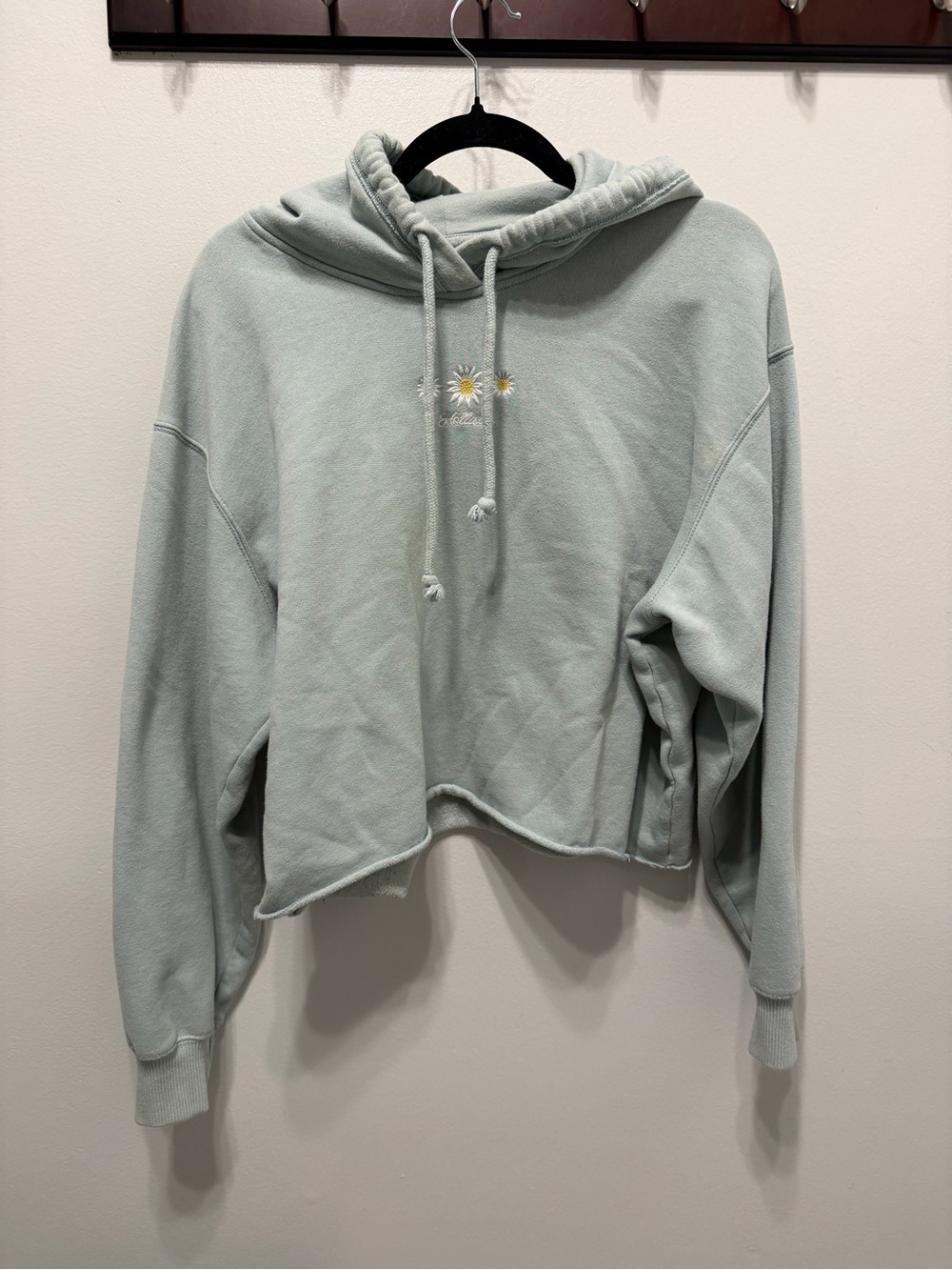 Hollister Cropped Sage Green Daisy Hoodie